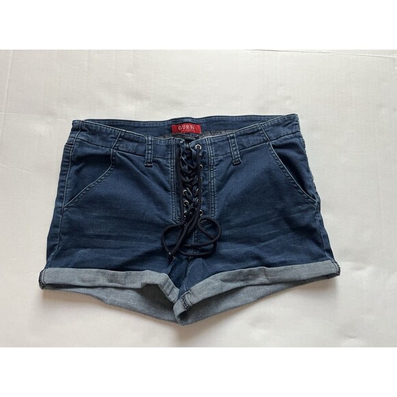 Guess Jean Shorts Woman’s Size 33 Blue Denim Short Shorts Micro Y2K Dark Wash - Picture 1 of 8